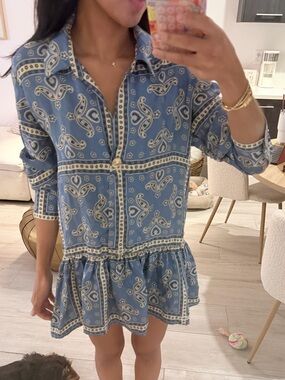 Maje Blue Paisley Print Ruffled Shirt Dress